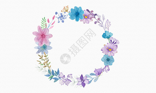小清新蓝色边框紫色花环插画
