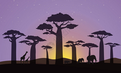 肯尼亚动物大迁徙非洲夜景插画