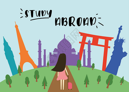 外国亲子照出国留学的女孩插画