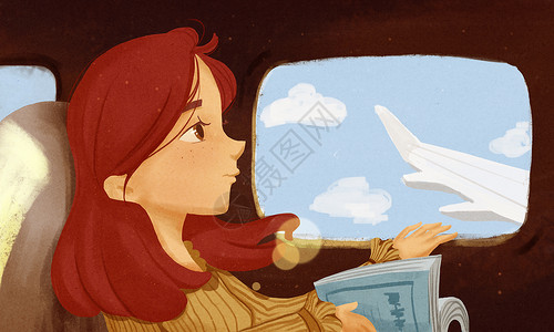 飞机上的世界治愈系插画飞行旅行阅读背景插画