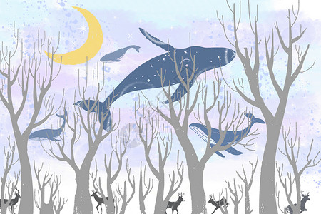 麋鹿森系壁纸唯美天空鲸鱼插画插画