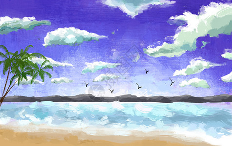 一只鸟沙滩卷海边景色插画