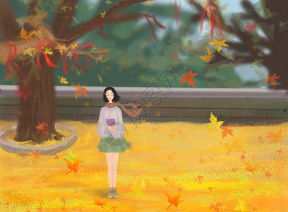 唯美的秋景秋季风景少女等候插画插画