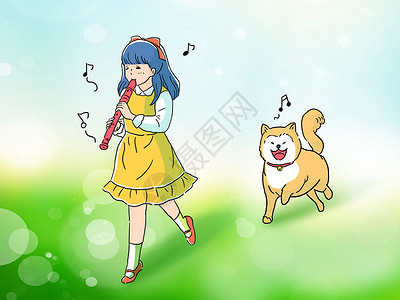 手绘蝴蝶结小女孩和柴犬狗手绘插画插画