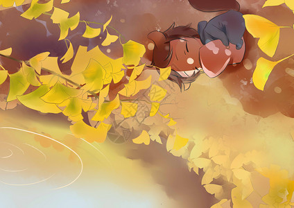 枯萎树叶秋天银杏树下的女孩插画插画