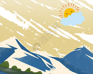 彩色卡通太阳卡通彩色树和山设计图片