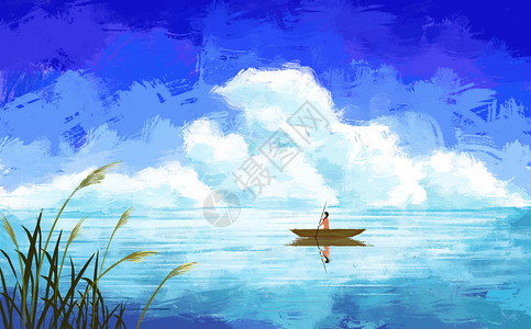 水天一色划船风景插画背景图片