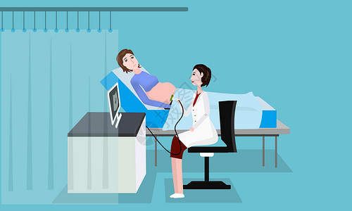 婴儿床品孕妇在做孕期检查插画