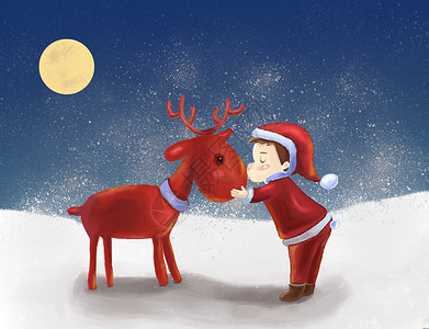 鹿圣诞圣诞节小男孩和鹿插画