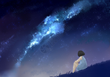 凝望夜空星空下的少女插画