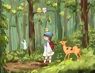 儿童行走行走在林间的少女插画