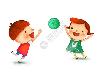 独自玩耍的女孩玩皮球的小朋友插画
