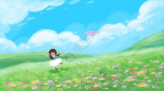 春天傍晚小草放风筝的女孩插画