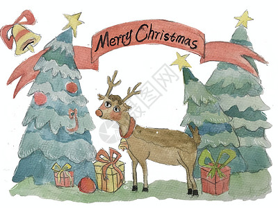 圣诞节手绘水彩圣诞节的麋鹿插画