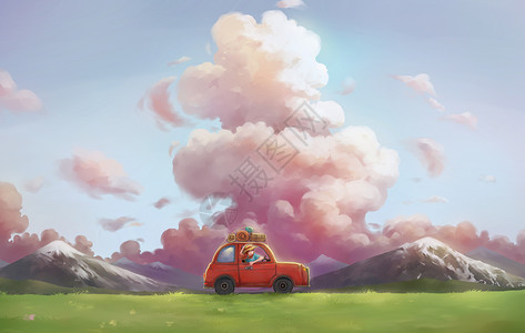 车坐垫旅途的风景插画