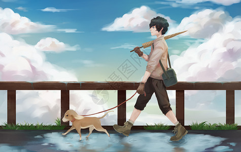 岸边散步雨后的少年与狗插画