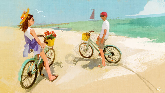 二人旅行夏日情侣海滩插画