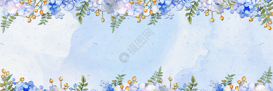 蓝色对称花藤水彩花背景设计图片