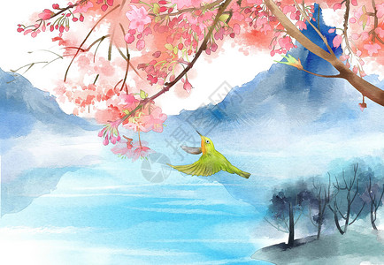 自然中平静湖水彩清新花鸟自然风景插画
