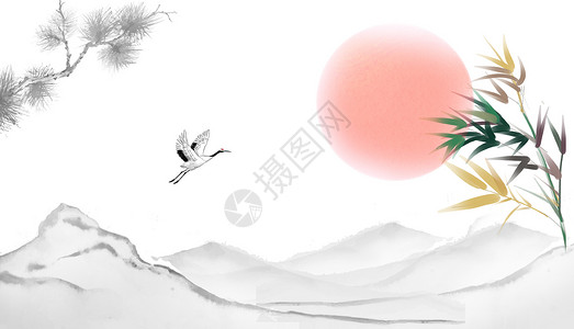 竹子庭院中国风水墨画背景设计图片