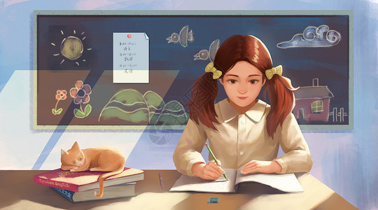 备战中高考女孩在教室学习插画