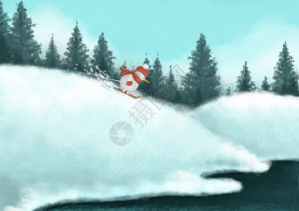 圣诞节自然背景冬天滑雪的雪人插画