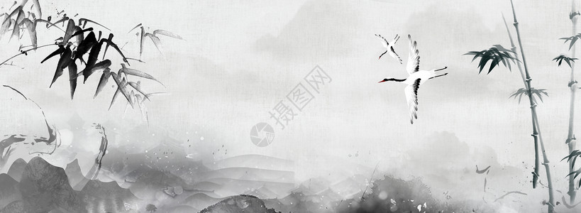 竹叶上鸟仙鹤中国风背景设计图片