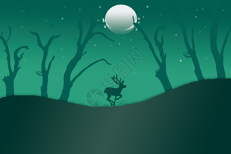 月光下奔跑的鹿插画
