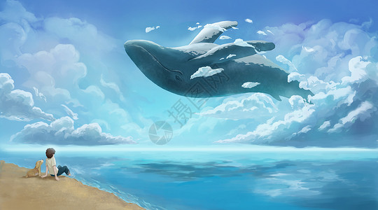 自由神像云端的鲸鱼插画