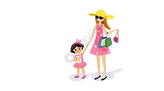 官方手提袋小女孩和妈妈购物插画