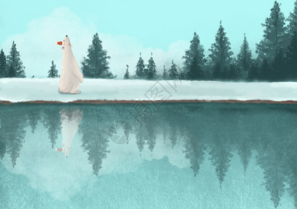 林湖冬天湖边的北极熊插画