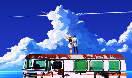 旅游大巴车唯美天空下的情侣插画