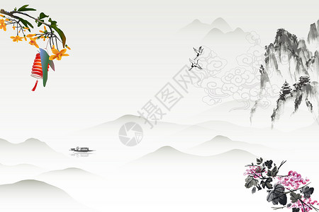 捕鱼山水素材中国风背景设计图片