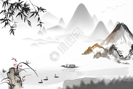水产素材免费山水中国风背景设计图片