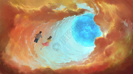 舞者飞翔云层中的光球插画