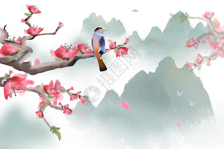 花枝上的蝴蝶中国风水墨画插画