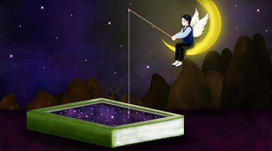 紫色光点天使坐在月亮上垂钓书中的星星插画
