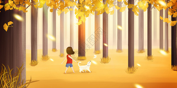 红色黄色森林里遛狗的女孩插画