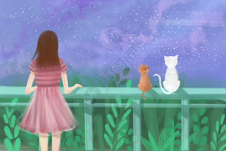 庭院夜色星空下的少女和猫插画
