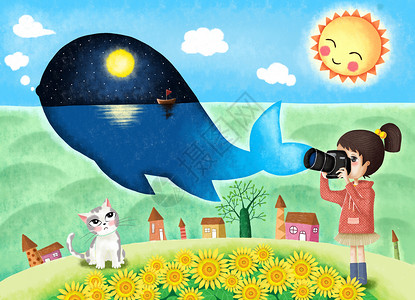 太阳星空鲸鱼和拍照的女孩治愈系插画插画