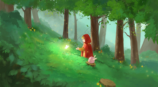 向往魔法森林森林中的小红帽插画