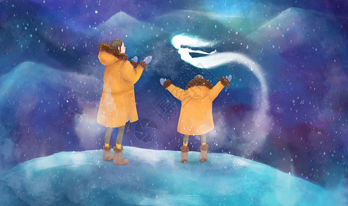 冬季漂浮蓝色雪亲子梦幻之旅遇见雪精灵插画