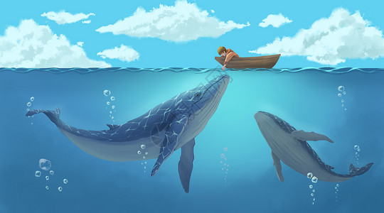 手绘动物多宝鱼男孩与鲸鱼插画