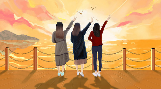 集体跳水海边三个女孩的背影插画