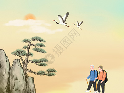千年银杏树夕阳下的老人插画