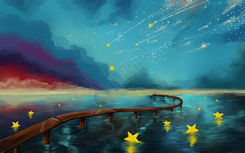 梦幻天空背景海边的流星插画