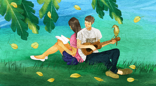 男孩吉他乐器温馨情侣插画