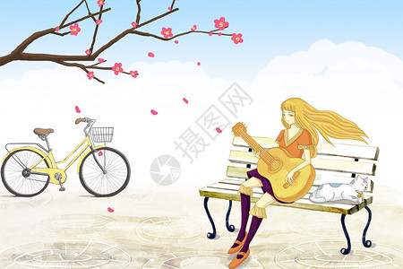 弹吉他猫弹吉他的女孩插画