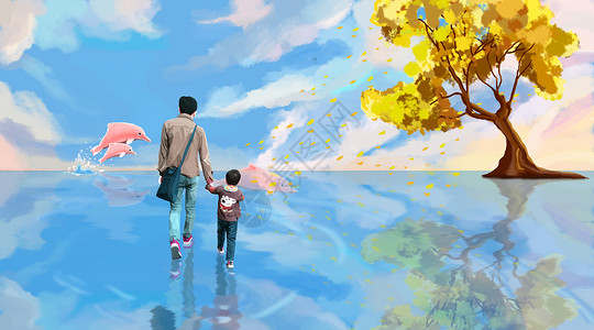 树家庭父亲牵着儿子漫步海豚世界插画