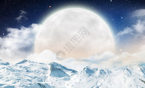 山月亮星空雪山设计图片